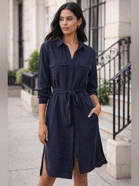 L'AGENCE Navy Blue Long-Sleeve Silk Shirt Mini Dress